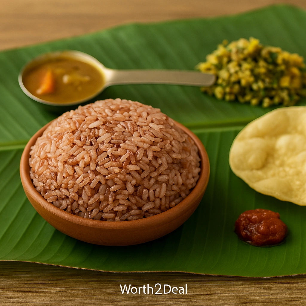 Cooked Kerala brown matta rice served with sambar papad and thoran on banana leaf