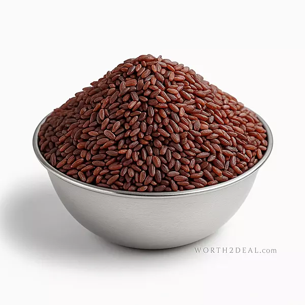 Kerala organic brown rice in a steel bowl on white background – Worth2Deal single-boiled matta rice