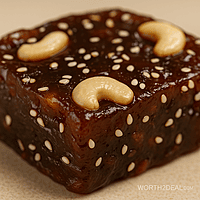 close up of mixed fruit halwa showing glossy chewy texture and nuts