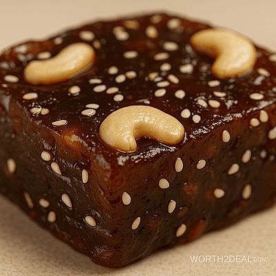 close up of mixed fruit halwa showing glossy chewy texture and nuts