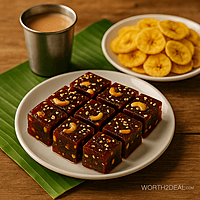 Kerala mixed fruit halwa served with tea and nuts in Kerala style
