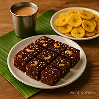 Kerala mixed fruit halwa served with tea and nuts in Kerala style