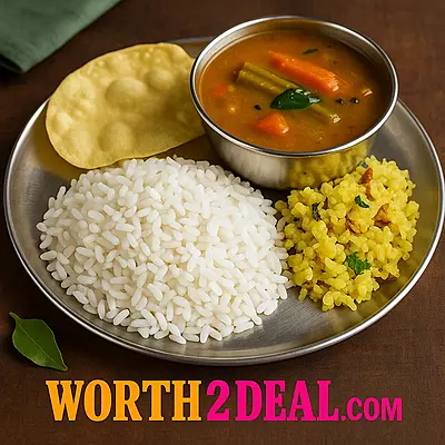 Worth2Deal Kerala White Kuruva Rice with sambhar Kerala short grain rice served vegetarian meal