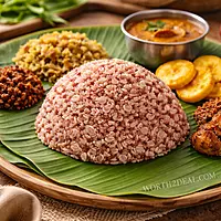 Cooked Kerala matta rice with bran served in traditional Kerala meal on banana leaf