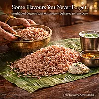 Cooked Worth2Deal Vadi Matta Rice on banana leaf with sambar — authentic Kerala red rice meal