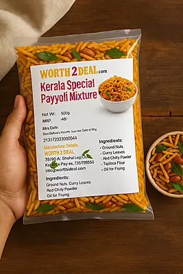 Close-up of Payyoli Mixture pack showing sev, peanuts and curry leaves