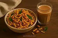 Kerala Payyoli Mixture served in a bowl next to tea