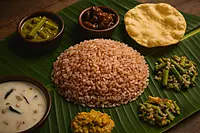 Kerala Red Matta Rice served in a traditional Kerala meal setup