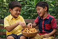 children happily sharing Worth2Deal Kerala Ring Murukku from a wicker basket outdoors
