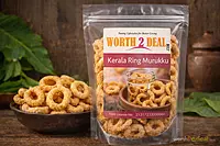 Worth2Deal Kerala Ring Murukku crispy rice flour snack in dark bowl beside 500g pack