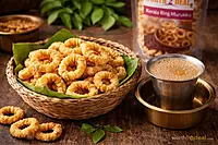 Worth2Deal Ring Murukku in basket on banana leaf with Kerala filter coffee