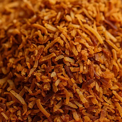 Close up of Worth2Deal Toasted Coconut Flakes showing golden roasted texture