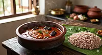 Kerala fish curry in clay pot with kudampuli Malabar tamarind and matta red rice