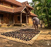 Kudampuli sun-drying on cane mat outside traditional Kerala ancestral home
