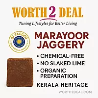 Worth2Deal Marayoor Jaggery brand trust graphic highlighting purity and GI certification