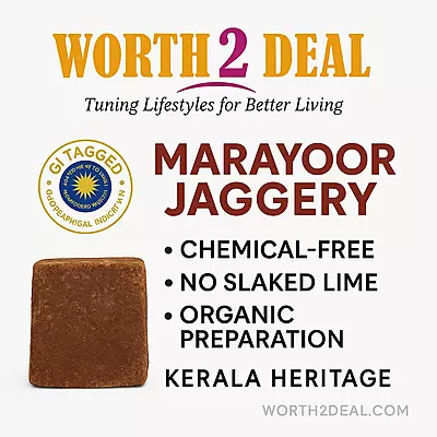 Worth2Deal Marayoor Jaggery brand trust graphic highlighting purity and GI certification
