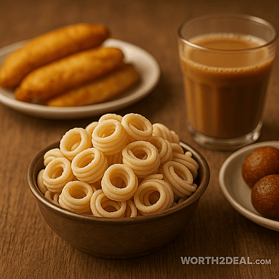 Mini rice chakli served beside Kerala tea setup