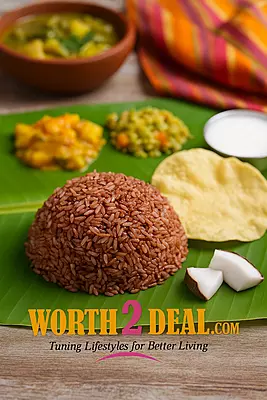 Healthy Kerala style meal made with Worth2Deal Navara Rice traditional Kerala red rice