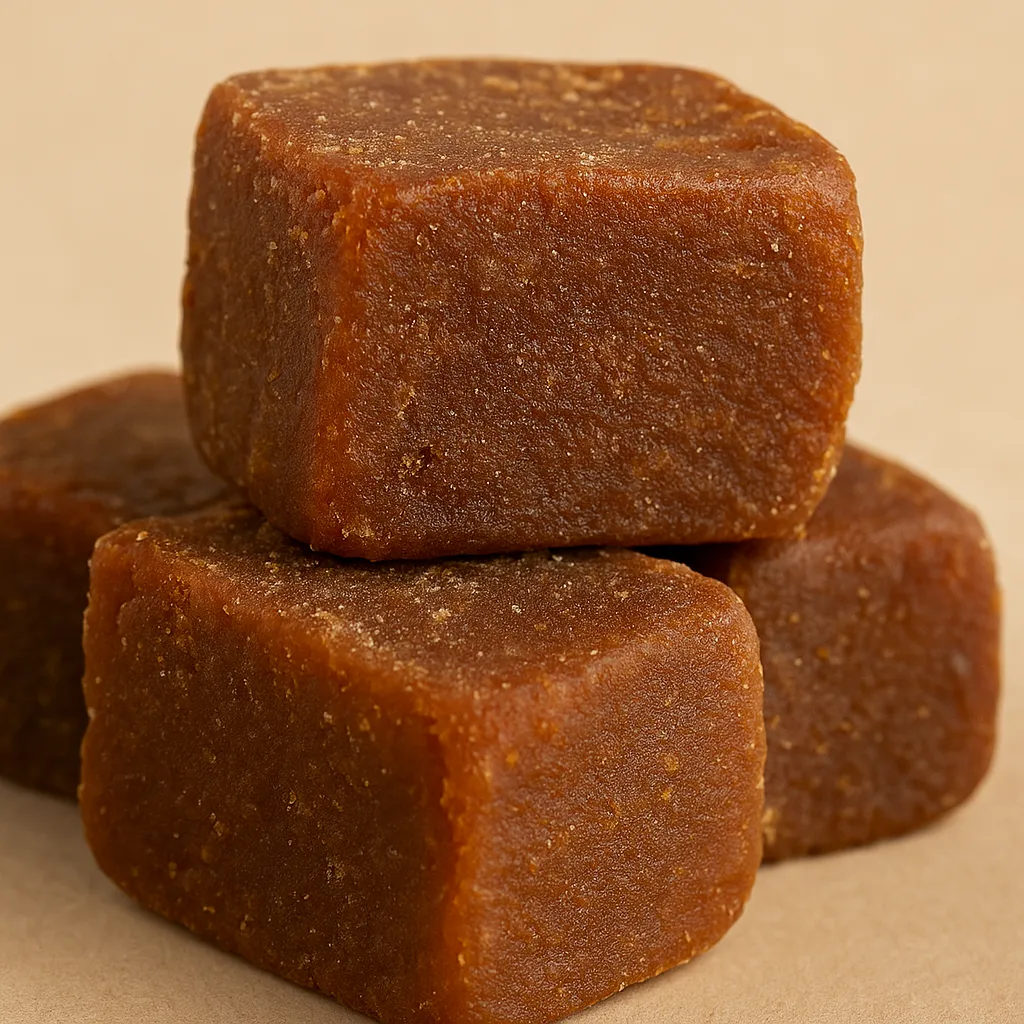 Close up of Worth2Deal sugarcane jaggery showing natural grainy texture