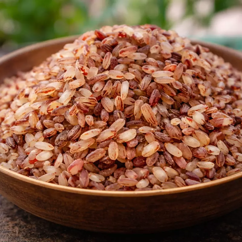 Worth2Deal Organic Vadi Matta Rice raw grains in wooden bowl — Kerala red rice with natural bran