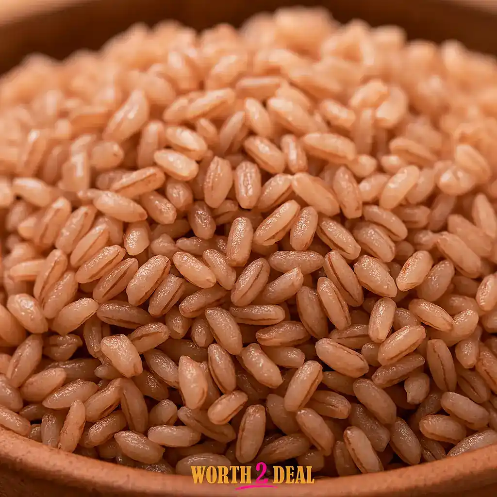 Close up of cooked Ottapuzhukkan matta rice showing soft grains and red bran texture