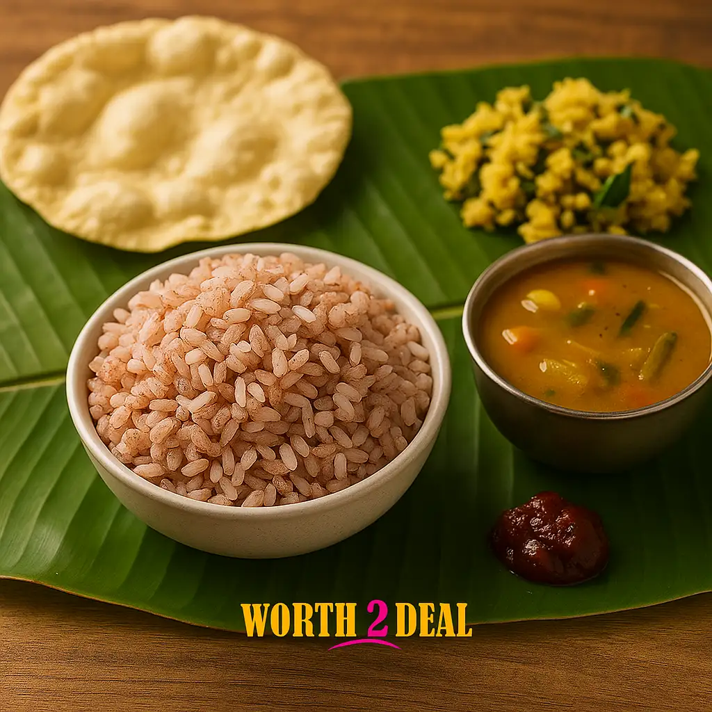 Cooked Worth2Deal Ottapuzhukkan red matta rice served with Kerala curry and papad on banana leaf