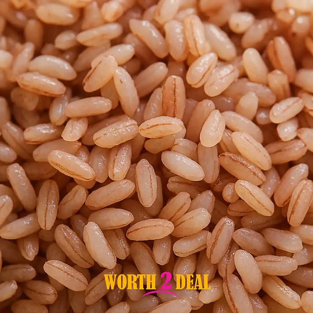 Macro texture of cooked Kerala matta rice with visible bran layers and sheen