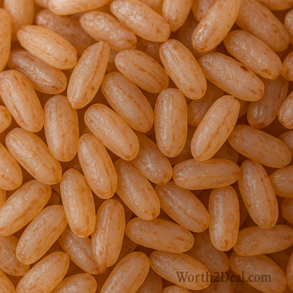 Close up of Worth2Deal Palakkadan Long Matta Rice grains  natural reddish brown bran