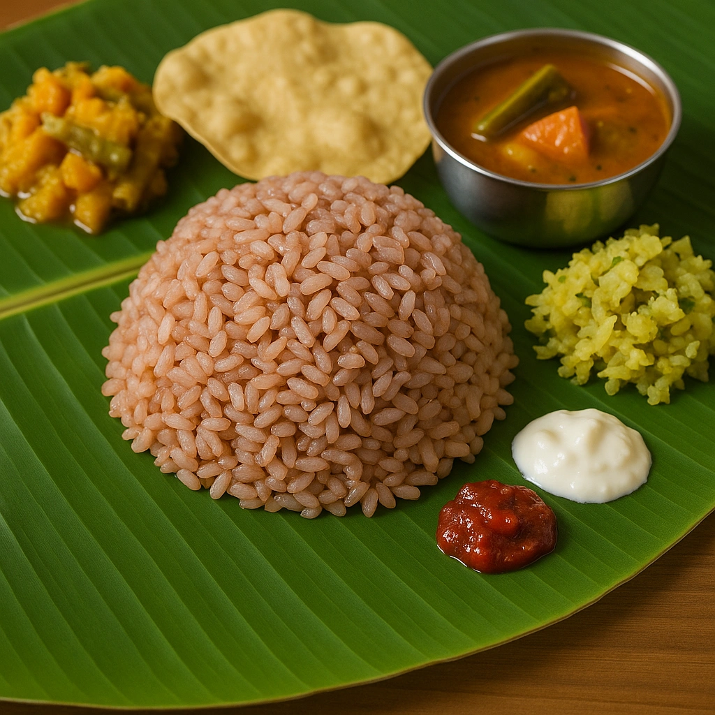 Kerala sambar meal served with Worth2Deal long matta rice on banana leaf