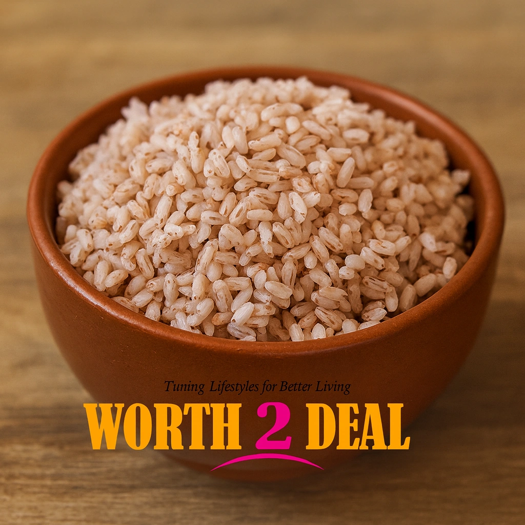 Cooked Worth2Deal Palakkadan Long Matta Rice showing firm separate grains and natural red colour