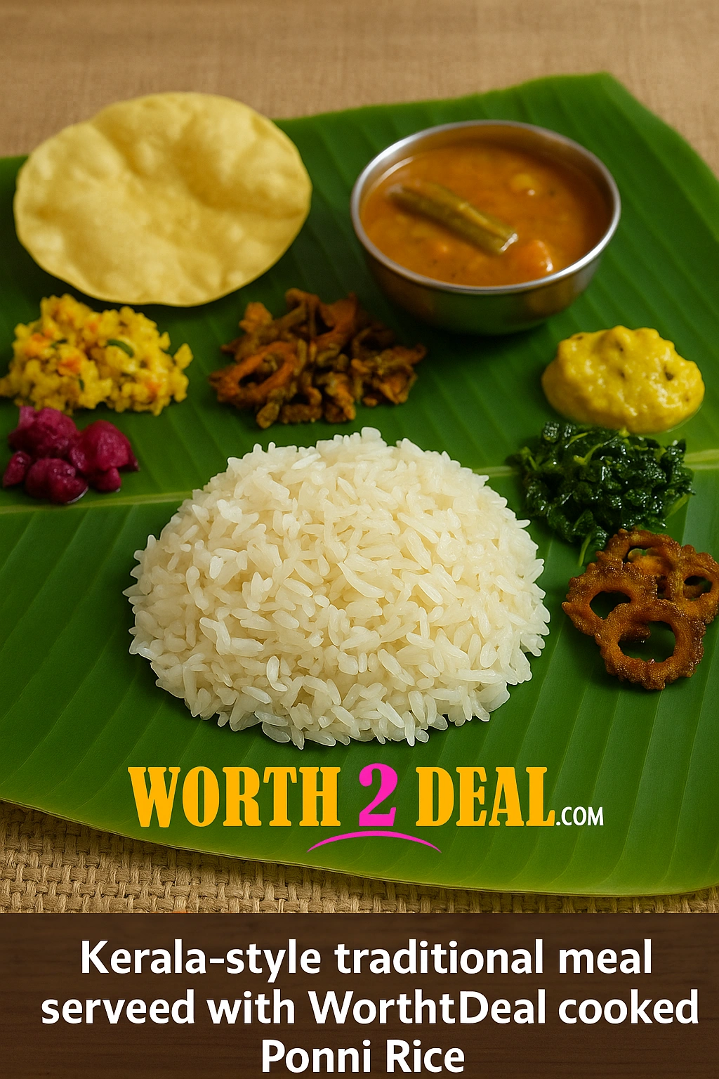 South Indian meal made with Worth2Deal Ponni Rice — soft fluffy non sticky grains with sambar