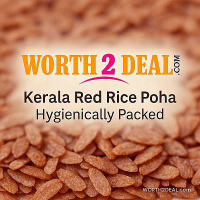 Worth2Deal logo over soft red-poha background with quality message