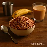 Red rice poha in ceramic bowl on wooden table with Kerala kitchen elements