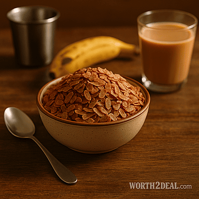 Red rice poha in ceramic bowl on wooden table with Kerala kitchen elements