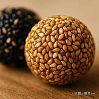Close-up of Kerala sesame balls Til Laddu showing roasted sesame texture and natural jaggery coating