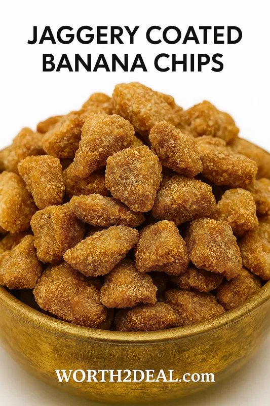 Worth2Deal Kerala Sharkara Upperi – Jaggery Coated Banana Chips in Traditional Bowl