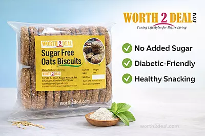 Worth2Deal sugar-free oats biscuits package showing trusted healthy snacking benefits