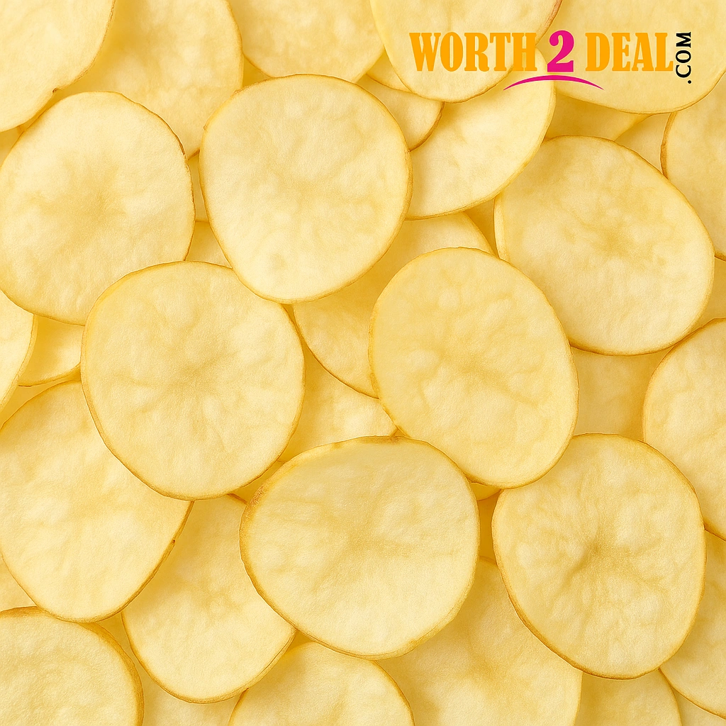 Close-up of crispy thin tapioca chips showing clean texture and golden colour