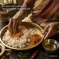 Worth2Deal Thenga Chammanthi Podi with rice and coconut oil — traditional Malabar meal