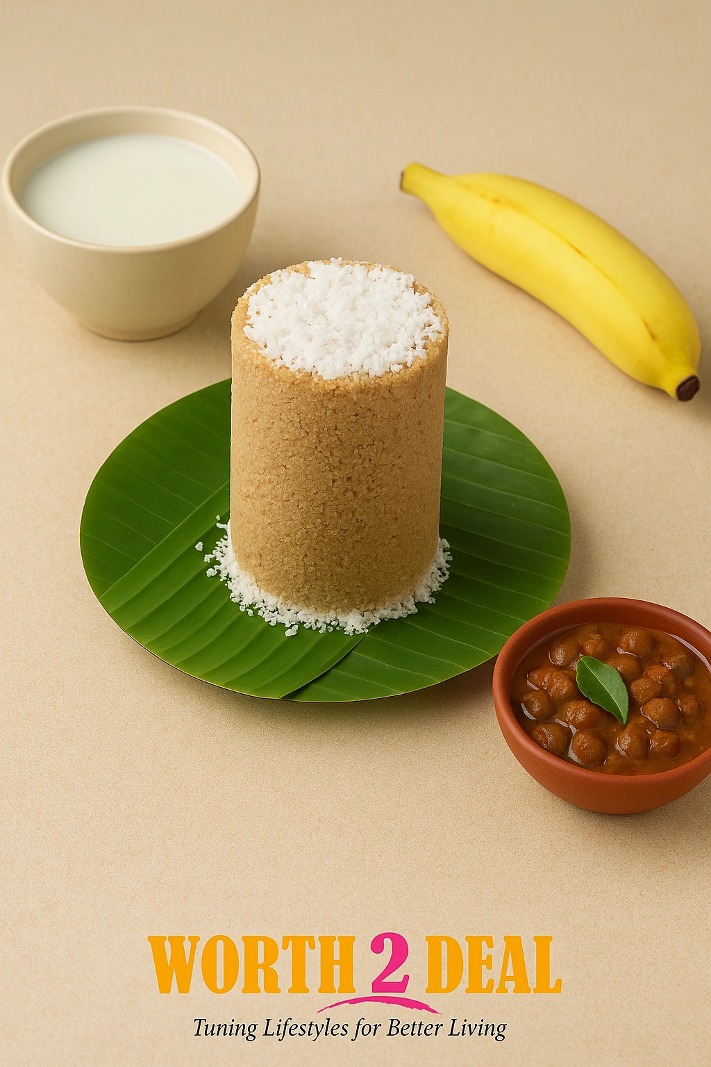close up of Worth2Deal Kerala Special Wheat Puttu with kadala curry and banana ,a bowl of milk