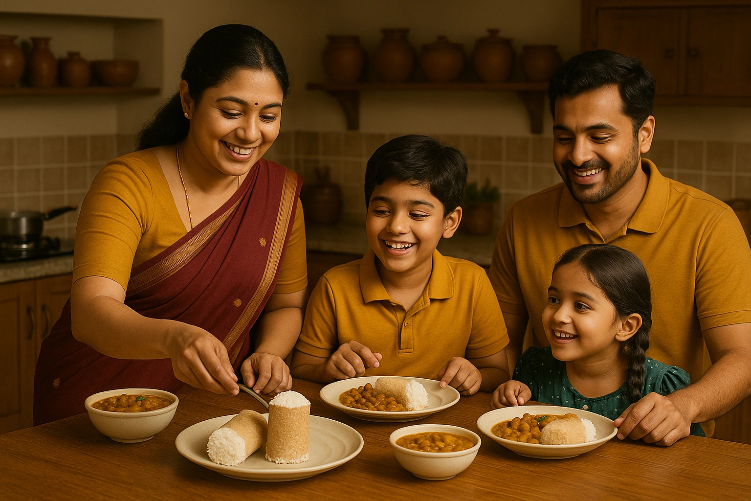 Indian family enjoying wheat puttu and kadala curry for breakfast,with Worth2Deal Wheat Puttu Podi