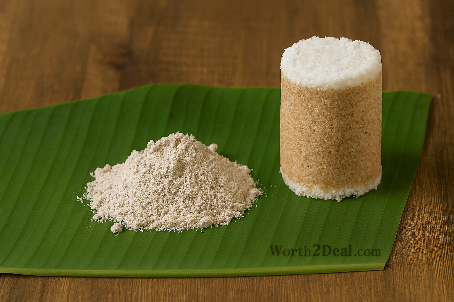 wheat flour and a freshly steamed wheat puttu on banana leaf, made using Worth2Deal Wheat Puttu Podi