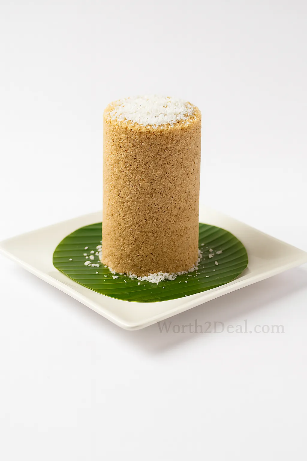 texture of steamed Worth2Deal Wheat Puttu layered with grated coconut with worth2deal water mark