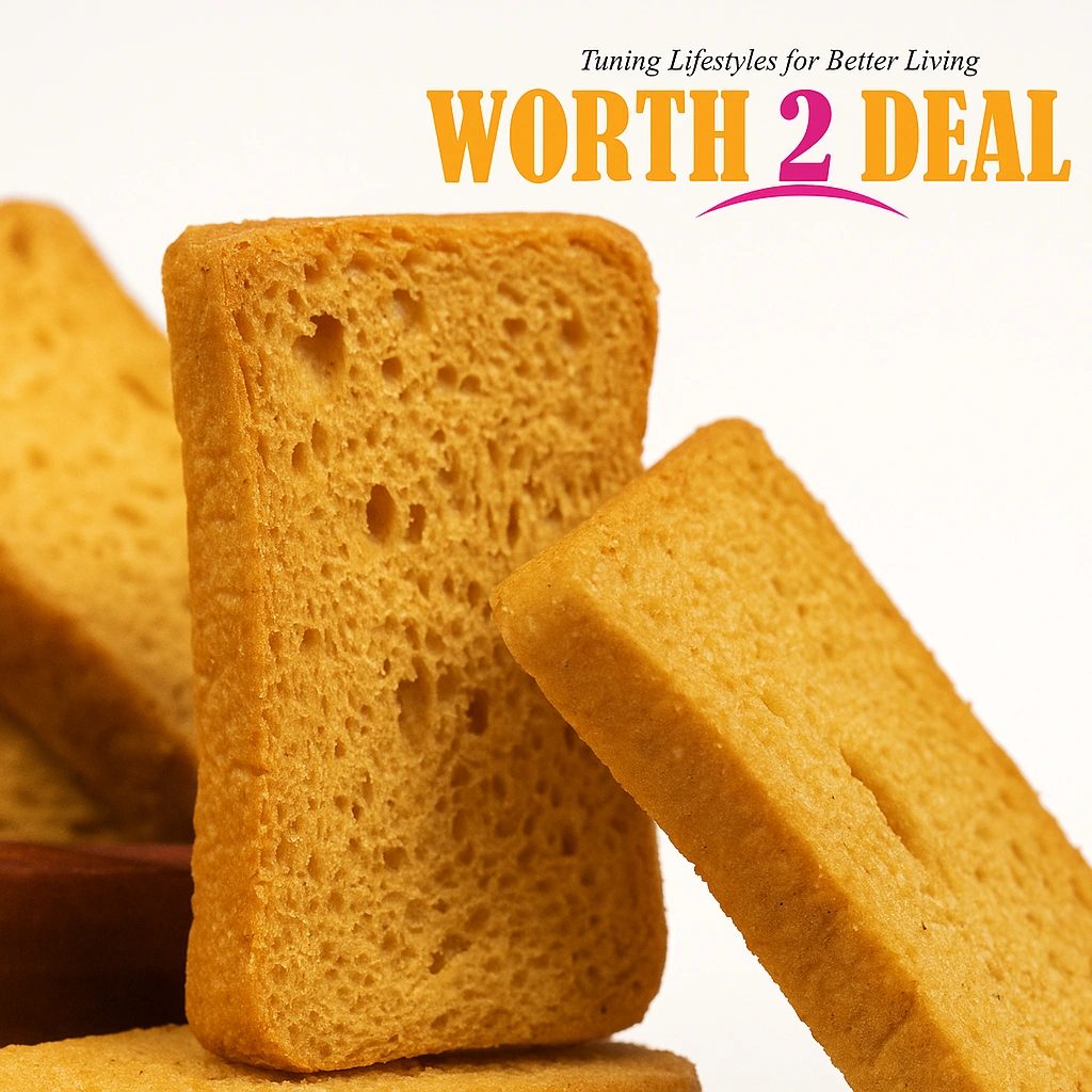 Close-up of Worth2Deal Sugar-Free Wheat Rusks showing crisp texture and whole wheat grain