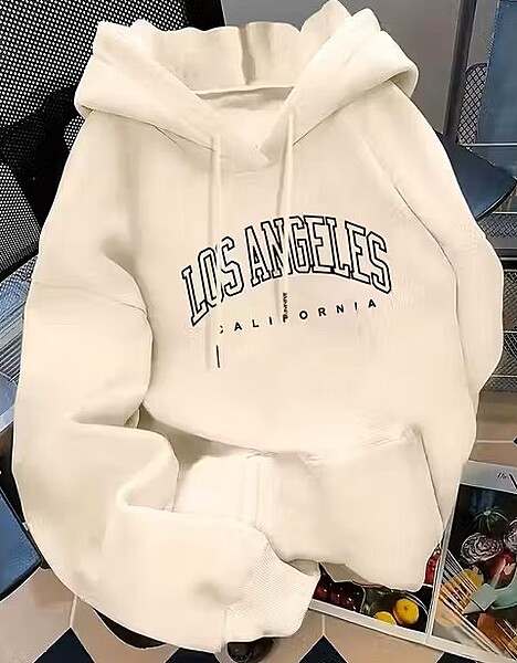 Stylish white hoodie with bold Los Angeles California print,