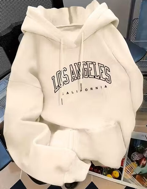 Stylish white hoodie with bold Los Angeles California print,