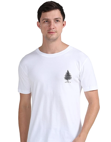 Yatrika Nature's Serenity T-shirt in white, pine tree print, Shimla-inspired