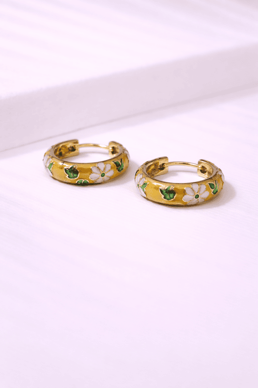Yellow enamel floral huggie earrings