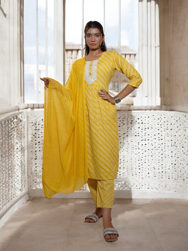 YELLOW STRIPED COTTON SALWAR SUIT SET