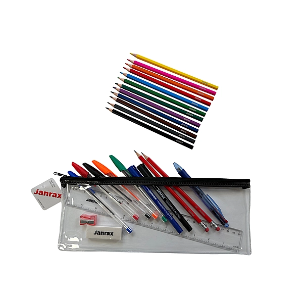 Stationery Filled Black Zip 13x5"" Pencil Case with Colouring Pencils